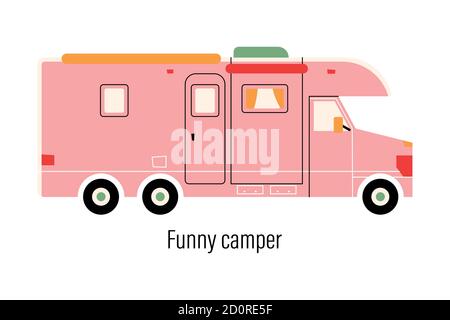 Colorful camper. Entertainment car. Mobile home for out-of-town recreation and outdoor recreation. Vector illustration on isolated background Stock Vector