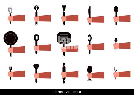 Hands hold dishes, spoons, forks. Flat concept illustration restaurant and kitchen utensils. Vector elements for web design, social networks and food Stock Vector
