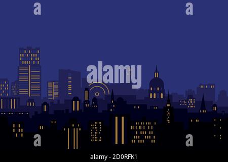 Vector illustration. Night city, houses high-rise buildings Stock Vector