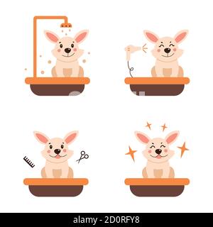 Bath for a cute dog. A dog is swimming. Vector illustration on a white isolated background. Icon set Stock Vector