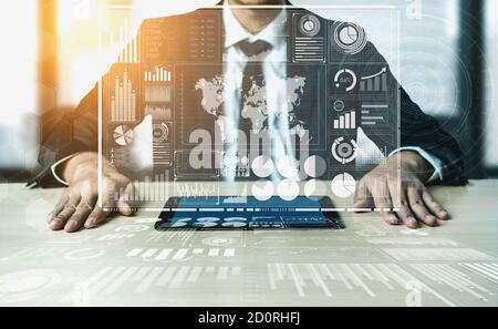 Big Data Technology for Business Finance Analytic Concept. Modern graphic interface shows massive information of business sale report, profit chart Stock Photo