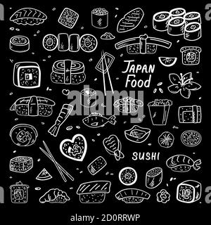 Japanese and Chinese cuisine. Food, doodles. Vector illustration. Simple style, suitable for cafe decoration Stock Vector