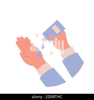 The concept of disinfection. Antiseptic with pumping out of a bottle. Apply a moisturizing disinfectant. A man washes his hands. Vector illustration Stock Vector