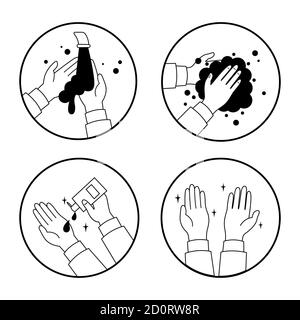 A person disinfects his hands, washes under the tap, puffs an antiseptic, clean hands. Vector illustration on a white isolated background. Icon set Stock Vector