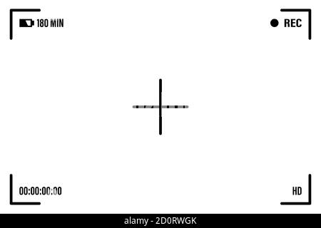 Camera screen with white frame, figures and battery symbol. Camcorder viewfinder on black background. Vector illustration for your graphic design Stock Vector