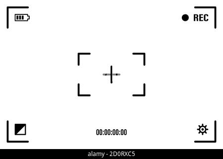 Camera screen with white frame, figures and battery symbol. Camcorder viewfinder on black background. Vector illustration for your graphic design Stock Vector