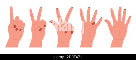 Set of hand gestures characters. Various hand icons with fingers. Counting, bending your fingers. Hand drawn colorful trendy vector illustration Stock Vector