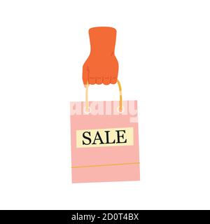 Female hand holds shopping or gifts. Sale sign. Shopping bag, gifts. Hand drawn vector illustration. Shopping, discounts, sale concept Stock Vector