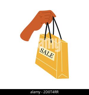 Female hand holds shopping or gifts. Sale sign. Shopping bag, gifts. Hand drawn vector illustration. Shopping, discounts, sale concept Stock Vector