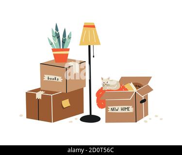 Moving to a new home. The family moved to a new home. Paper cardboard boxes with various household items. Vector illustration in a flat style Stock Vector