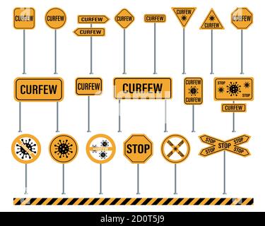 Curfew warning road signs. Set of road signs. Covid-19 sign isolated. Vector illustration Stock Vector