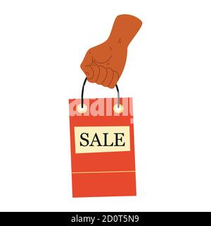 Female hand holds shopping or gifts. Sale sign. Shopping bag, gifts. Hand drawn vector illustration. Shopping, discounts, sale concept Stock Vector