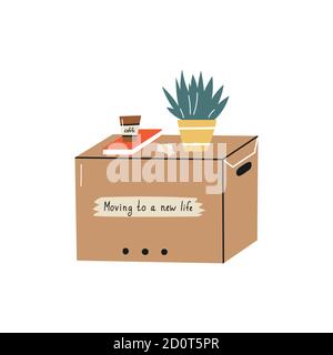 Moving to a new home. The family moved to a new home. Paper cardboard boxes with various household items. Vector illustration in a flat style Stock Vector