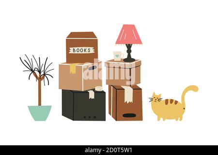 Moving to a new home. The family moved to a new home. Paper cardboard boxes with various household items. Vector illustration in a flat style Stock Vector