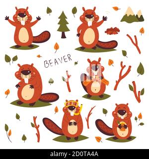 Set of cute beavers. Sticker. Children's, funny. Cartoon comic book style vector illustration of forest wild animals Stock Vector