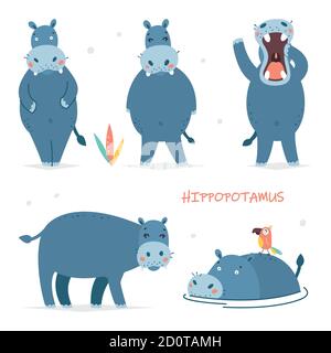 Set of vector illustrations of isolated cartoon characters. Cute hippo. Baby stickers for design Stock Vector