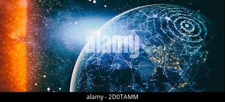 Global world network and telecommunication on earth cryptocurrency and blockchain and IoT. Communication technology for internet business. Elements of Stock Photo