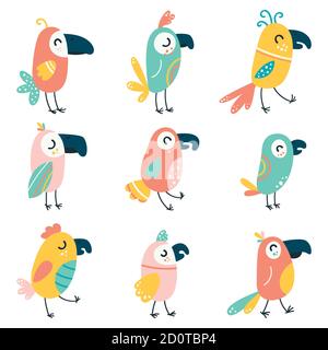 Set of cartoon beautiful parrots and wild birds. Funny baby macaw parrots. Vector illustration on a white isolated background Stock Vector