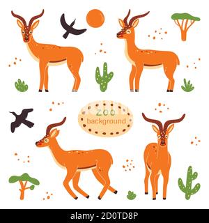 Beautiful funny cartoon antelope. Cute, fast antelope with sharp horns. Herbivorous mammals. They live in central and southern parts of Africa, in Stock Vector