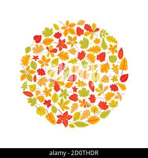 Bright banner for the autumn sale in the form of a circle made of leaves. Vector illustration on a white background Stock Vector