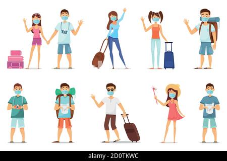 Set of travelers wearing a mask to prevent an epidemic of MERS-CoV wuhan coronavirus 2019-nCoV pandemic medical health risk full length vector Stock Vector