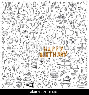 Set of vector birthday elements drawn on a tablet. Party items. EPS 10 Stock Vector