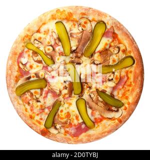 Delicious classic italian pizza with Mozzarella, ham ,mushrooms and pickled cucumbers isolated on white background. Top view. Stock Photo
