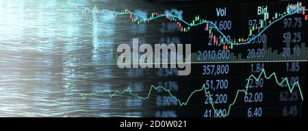candle stick and indicator graph line of trade market stock and index number on glow blue digital technology blur light line banner business backgroun Stock Photo