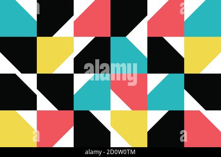 Seamless, abstract background pattern made with colorful geometric polygonal shapes (pentagons). Modern, simple, playful vector art in red, blue, yell Stock Photo