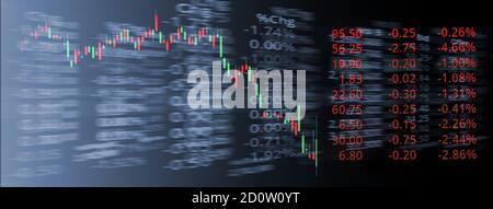 red falling down market trading stock index number and graph on black blue digital technology blur light line banner business background
