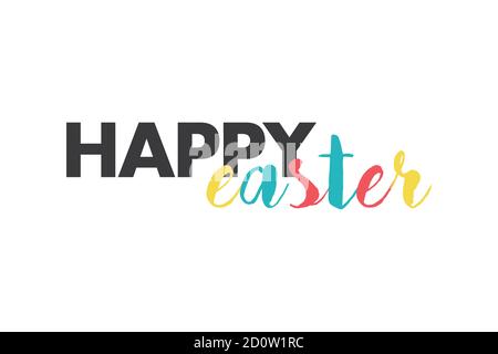 Modern, playful, colorful graphic design of a saying 'Happy Easter' in red, yellow, blue and grey colors. Urban, handwritten typography. Stock Photo