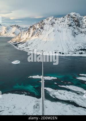 Aerial view, fjord landscape in winter with Gimsøystraumen bridge, Gimsoy, Lofoten, Norway, Norway, Europe Stock Photo