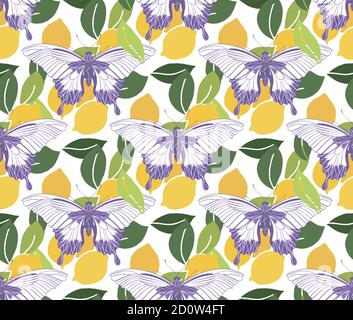 Bright vector Seamless pattern with lemons and butterfly. Yellow, green and purple kids textile illustration. Vector illustration Stock Vector