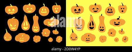 Set of isolated vector illustrations for Halloween design. Glowing pumpkins. Pumpkin lantern collection. Scary, smiling, funny orange pumpkins on Stock Vector