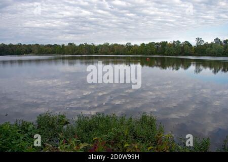 Reflections of cloudy skies at the Delaware and Raritan Canal State Park at Princeton, New Jersey, USA -02 Stock Photo