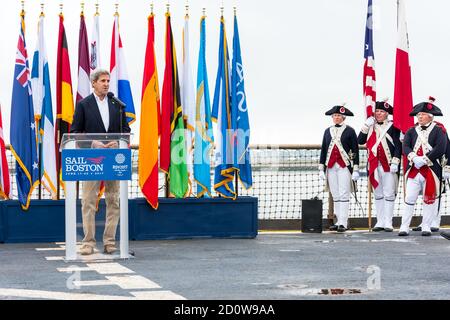 Boston, Massachusetts. 13th June, 2017. Former Secretary of State John Kerry speaking at Sail Boston. Photographed from the USS Whidbey Island. Stock Photo