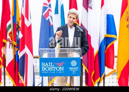 Boston, Massachusetts. 13th June, 2017. Former Secretary of State John Kerry speaking at Sail Boston. Photographed from the USS Whidbey Island. Stock Photo