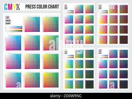 CMYK Press Color Chart. CMYK process printing match. Cyan, magenta, yellow, black are base colors and others has been created combining them Stock Vector
