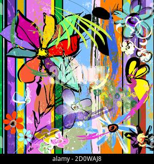 abstract background composition with flowers, paint strokes, splashes and geometric lines, grungy Stock Vector
