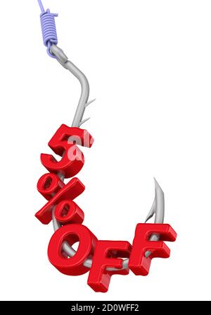 Dangerous discount of five percentage. Red text 5%OFF strung on a fishing hook. Financial concept. Isolated. 3D Illustration Stock Photo