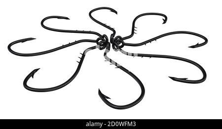 Fishing hooks are arranged in a circle. Black fishing hooks are arranged in a circle isolated on white background. 3D illustration Stock Photo