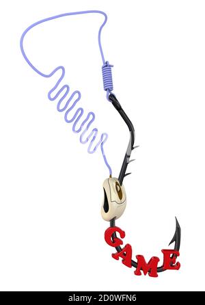 Fishing line with the acronym WWW, red word GAME and computer mouse strung on a fishing hook. The dependence on network games. The concept Stock Photo