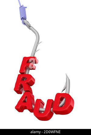 Dangerous fraud. Red word FRAUD strung on a fishing hook. Isolated. 3D Illustration Stock Photo