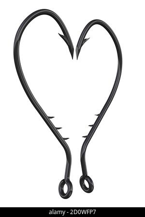Heart symbol from fishing hooks on a white surface. 3D illustration. Isolated Stock Photo
