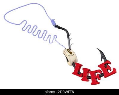 Fishing hook is strung with the word LIFE, a computer mouse and fishing line with the acronym WWW. The concept of Internet addiction. 3D illustration Stock Photo