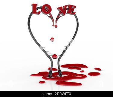 Bleeding heart symbol from fish hooks. Bleeding heart symbol from fishing hooks on a white surface and word LOVE. 3D illustration Stock Photo
