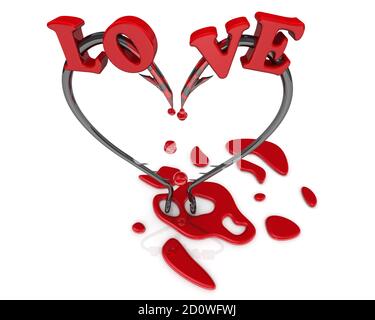 Bleeding heart symbol from fish hooks. Bleeding heart symbol from fishing hooks on a white surface and word LOVE. 3D illustration Stock Photo