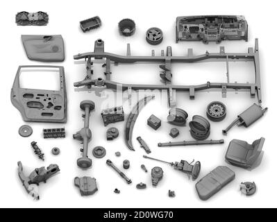 Details of the car. Various parts of the car lying on a white surface. Isolated. 3D Illustration Stock Photo