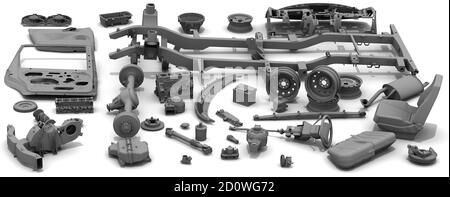 Details of the car. Various parts of the car lying on a white surface. Isolated. 3D Illustration Stock Photo