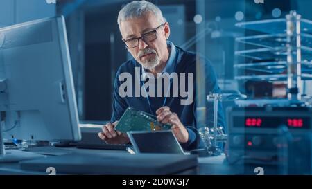 Electronics Maintenance Engineer Soldering Motherboard, Microchip and Circuit Board, Looking through Magnifying Glass, Consults Personal Computer Stock Photo